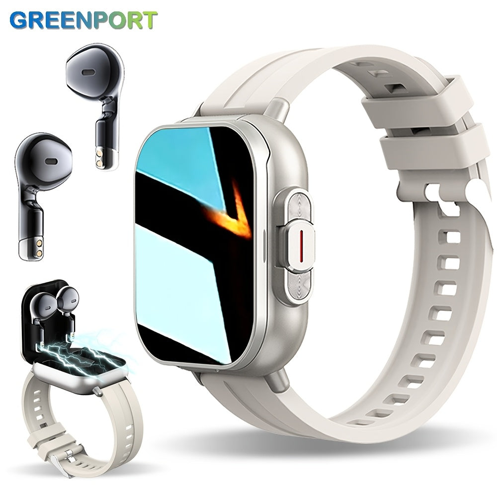 1pc GREENPORT 2-in-1 Smartwatch And Wireless Earbuds, Sports Activity Monitor with HD Display, Multiple Workout Modes, Rechargeable Polymer Battery, Silicone Strap, Date, Stopwatch, Weather Function, Rectangular Dial, for And