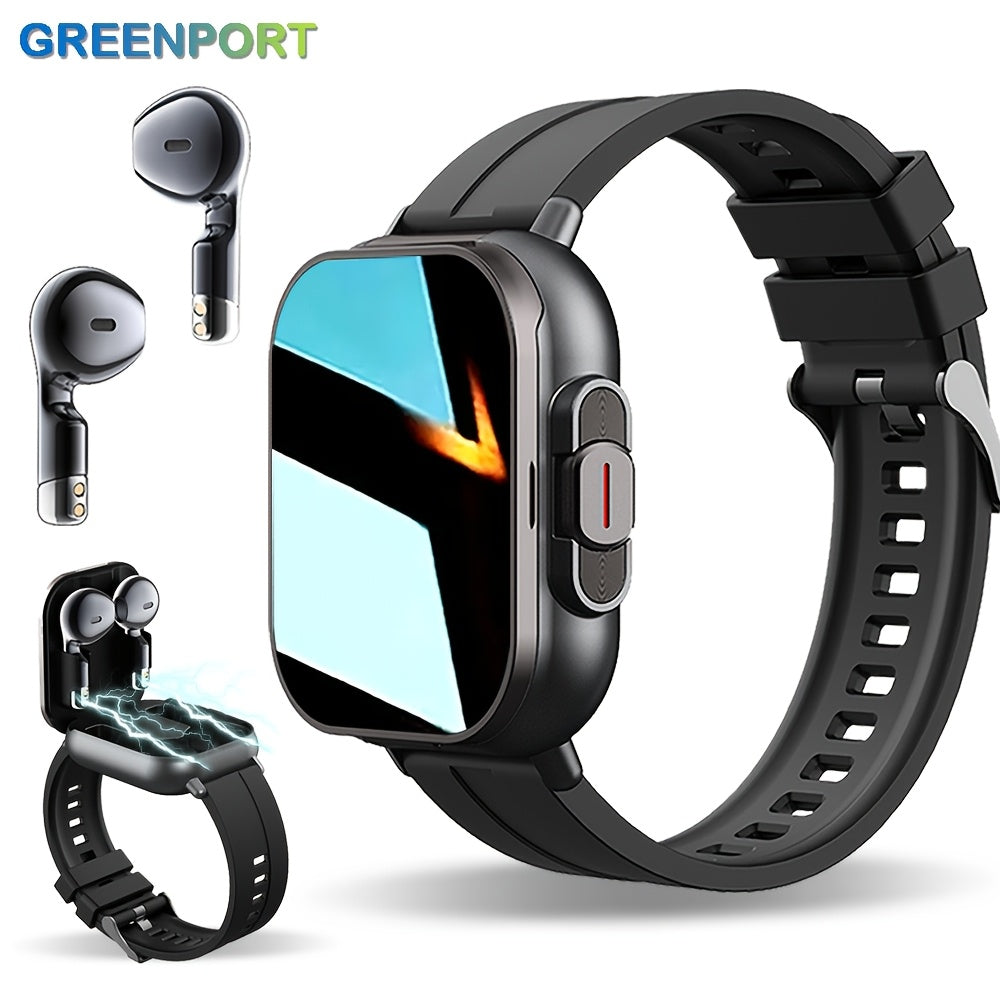 1pc GREENPORT 2-in-1 Smartwatch And Wireless Earbuds, Sports Activity Monitor with HD Display, Multiple Workout Modes, Rechargeable Polymer Battery, Silicone Strap, Date, Stopwatch, Weather Function, Rectangular Dial, for And